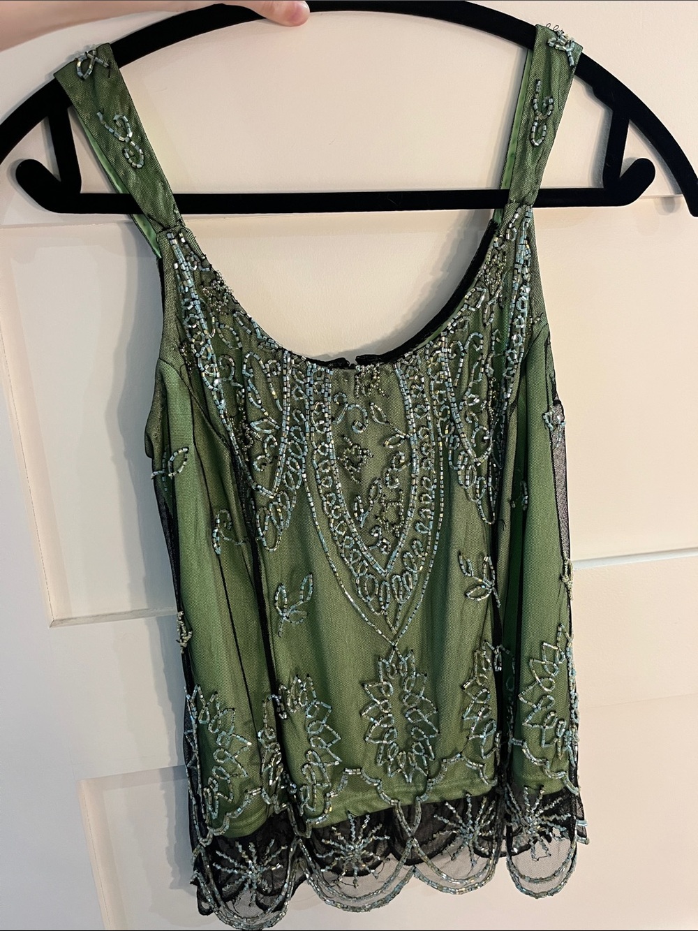 MARINA Vintage Beautiful Olive Green Beaded Top
